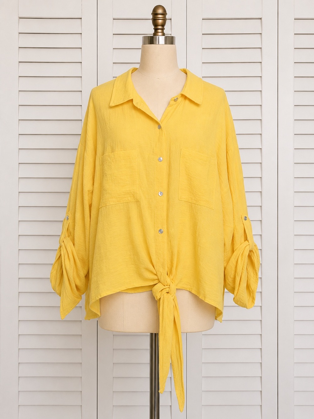 Women's Yellow Tie-Hem Button-Down Shirt
